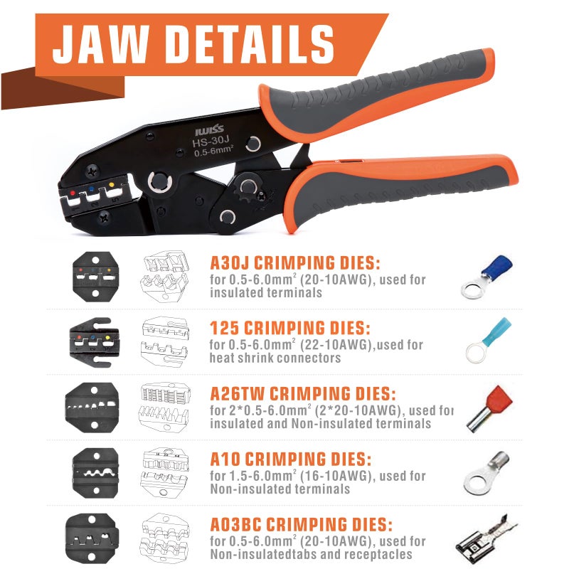 IWISS iCrimp Ratchet Wire Crimping Tool Set  5 Interchangeable Jaws for Heat Shrink Insulated Nylon Non-Insulated Terminals AWG20-2  Wire Stripper included - Image 3